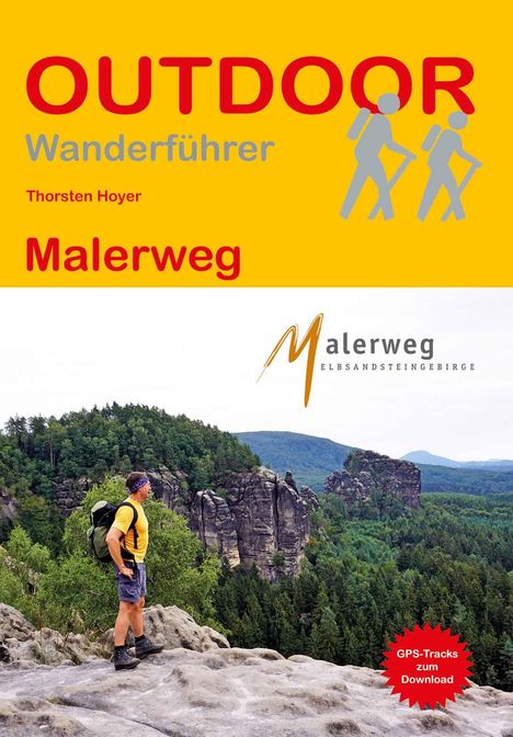 "OUTDOOR Wanderführer Thorsten Hoyer Malerweg. Zwei Wanderer-Symbole. Landschaft mit grün bewaldeten Felsen."