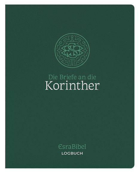 "Die Briefe an die Korinther" und "EsraBibel LOGBUCH" im Zentrum auf grünem Hintergrund mit dekorativem Logo.