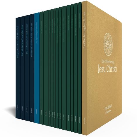 Buchreihe mit Titeln wie "Die Offenbarung Jesu Christi" in unterschiedlichen Farben.