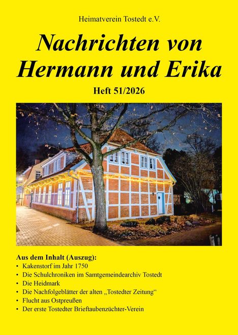 Gelbes Cover, Text "Nachrichten von Hermann und Erika", Bild eines Fachwerkhauses bei Nacht mit Baum im Vordergrund.