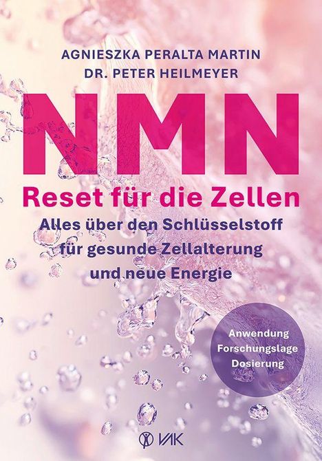Buchtitel: "NMN Reset für die Zellen". Hintergrund: flüssigkeitsähnliche Textur in rosa und lila Tönen.