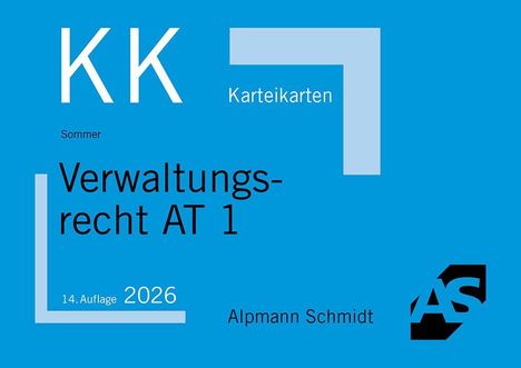Text: "KK Karteikarten, Sommer, Verwaltungsrecht AT 1, 14. Auflage 2026, Alpmann Schmidt." Blaues Design mit Logo "AS".