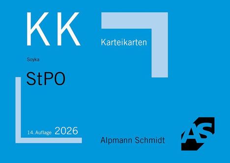 KK, Karteikarten, Soyka, StPO, 14. Auflage 2026, Alpmann Schmidt. Blaues Design mit geometrischen Elementen und Logo.