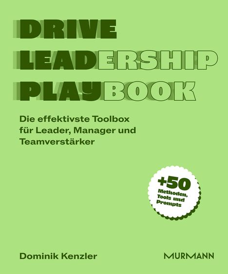 Text: "DRIVE LEADERSHIP PLAYBOOK" und "Die effektivste Toolbox für Leader, Manager und Teamverstärker." In Grün gehalten.