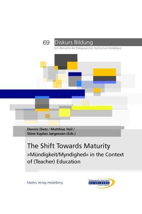 Titel: The Shift Towards Maturity. Bunte, abstrakte geometrische Muster mit grauen und blauen Balken.