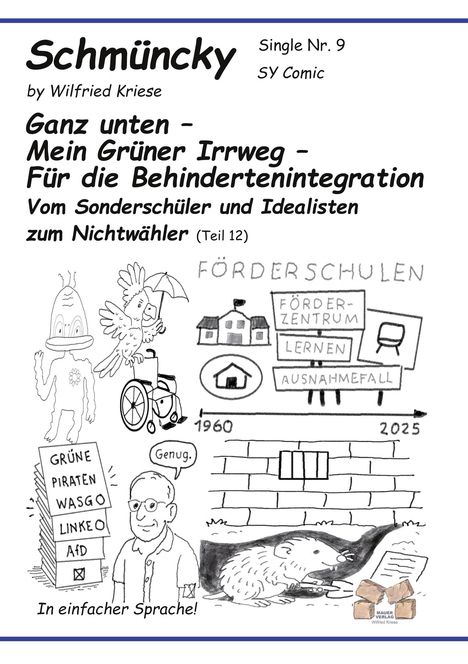 Schmüncky, Single Nr. 9. Themen: Bildung, Integration, Politik. Dargestellt mit Comics, Schriftzug "Genug" und einem Igel.