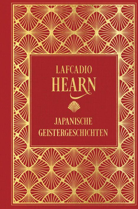 „LAFCADIO HEARN JAPANISCHE GEISTERGESCHICHTEN“ in Gold auf rotem Hintergrund, umgeben von goldenem Fächer-Muster.