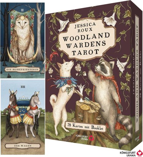 Text: "Woodland Wardens Tarot", "Die Hohepriesterin", "Der Wagen", "78 Karten mit Booklet". 
Tierillustrationen mit floralen Elementen.