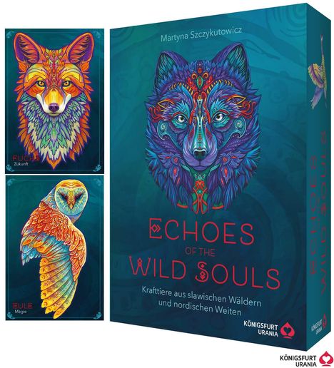 "FUCHS Zukunft", "EULE Magie", "ECHOES OF THE WILD SOULS". Illustrationen von Tieren in leuchtenden Farben.