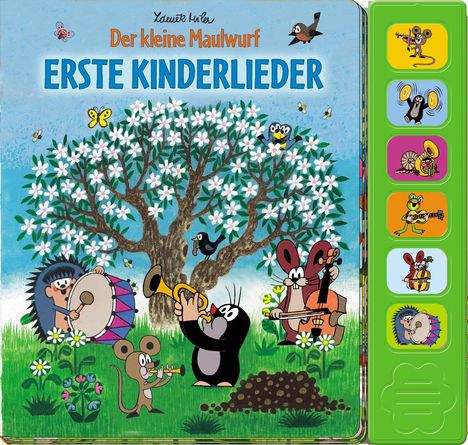 Der kleine Maulwurf: ERSTE KINDERLIEDER. Illustration: Tiere musizieren unter einem blühenden Baum.