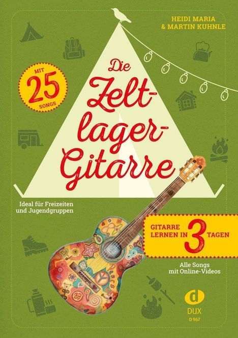 Die Zeltlager-Gitarre, mit 25 Songs, Gitarre lernen in 3 Tagen, ideal für Freizeiten. Illustrative Gitarre mit Mustern.