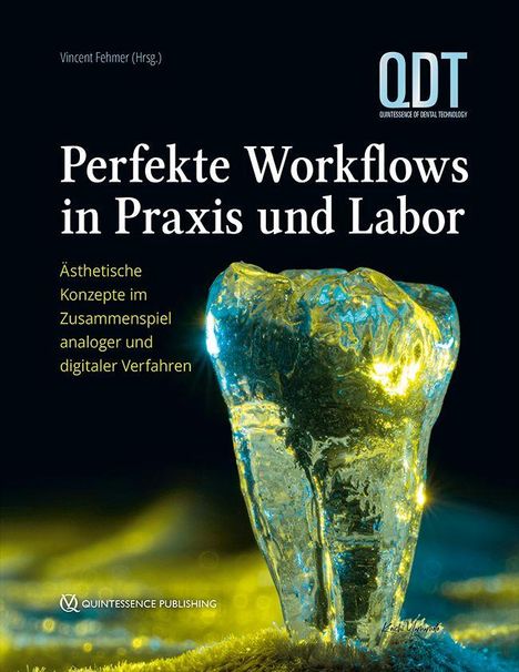"Perfekte Workflows in Praxis und Labor. Ästhetische Konzepte im Zusammenspiel analoger und digitaler Verfahren." Ein transparenter Zahnobjekt vor dunklem Hintergrund.