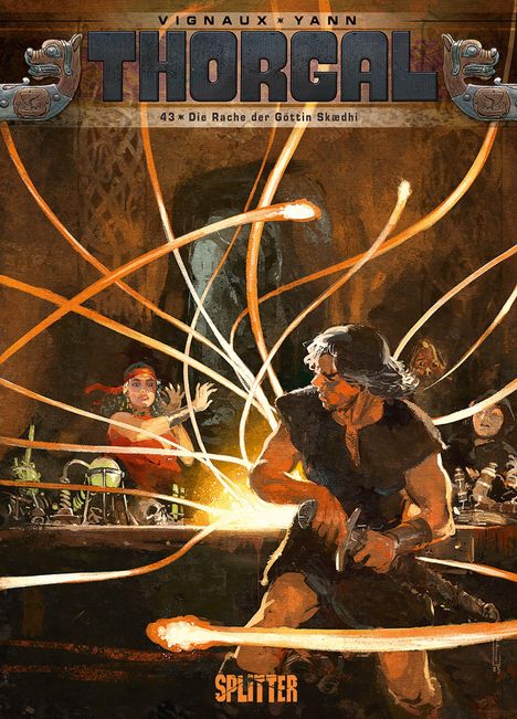 "THORGAL 43: Die Rache der Göttin Skædhi" steht oben. Szenario: Helden kämpfen mit leuchtenden Strahlen.