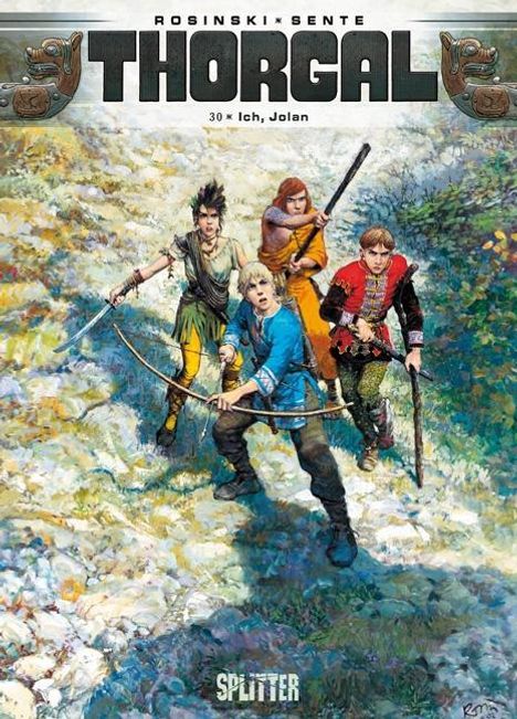 „THORGAL“, „30 x Ich, Jolan“, „SPLITTER“. Vier bewaffnete Personen gehen entschlossen über steiniges Gelände.