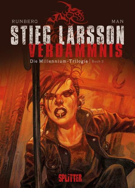 Texts: "Runberg Man", "Stieg Larsson Verdammnis", "Die Millennium-Trilogie | Buch 2", "Splitter". Illustration: Frau mit Lederjacke.