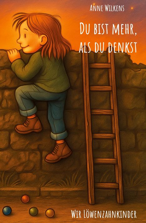 Titel: "Du bist mehr, als du denkst" von Anne Wilkens. Ein Kind klettert eine Mauer hoch, daneben eine Leiter. Unten bunte Kugeln.