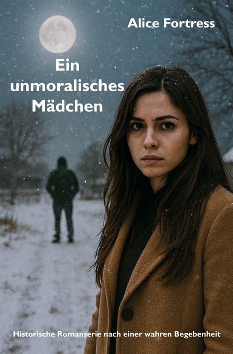 Text: „Ein unmoralisches Mädchen“, „Alice Fortress“. Eine Frau im Vordergrund, Schnee, Mond, Person in der Ferne.