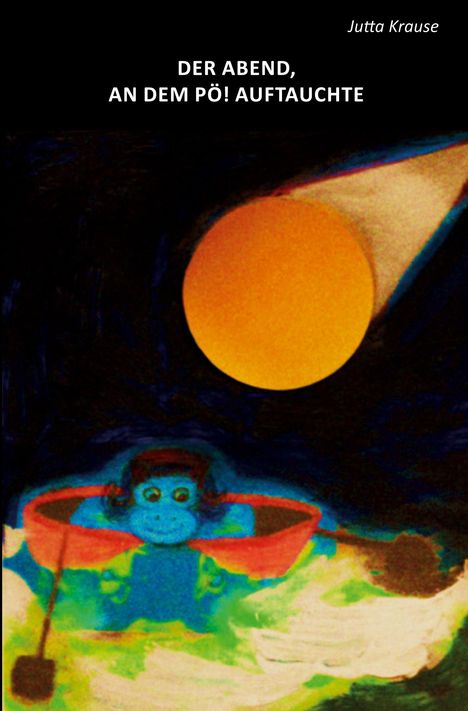 Eine farbenfrohe Illustration mit einem blauen Wesen im roten Boot unter einem großen gelben Mond.