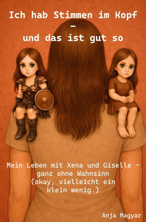 Text: „Ich hab Stimmen im Kopf – und das ist gut so“. Illustration von zwei kleinen Figuren auf Schultern einer Person.