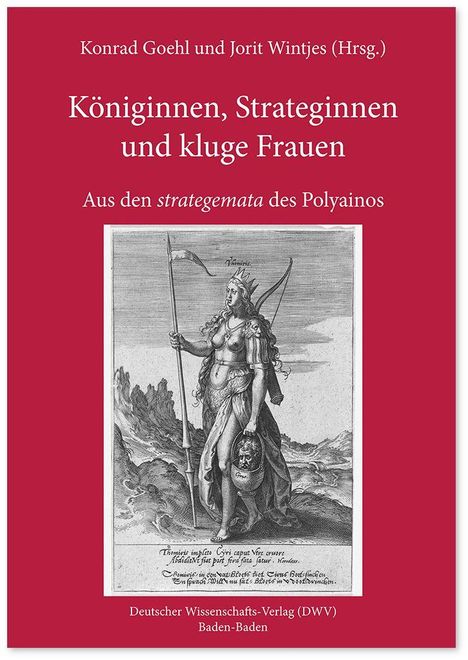 "Königinnen, Strateginnen und kluge Frauen" steht auf rotem Hintergrund, darunter eine antike Illustration.