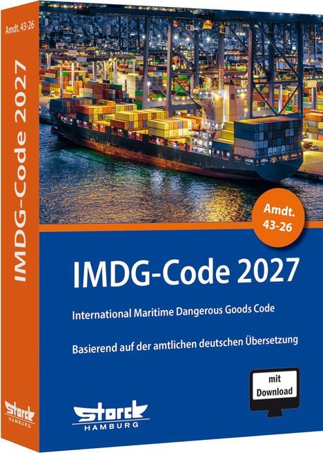 "Buchcover mit Text: 'IMDG-Code 2027', 'Amdt. 43-26'. Bild von Containerschiff im Hafen bei Nacht. Storck Hamburg Logo."