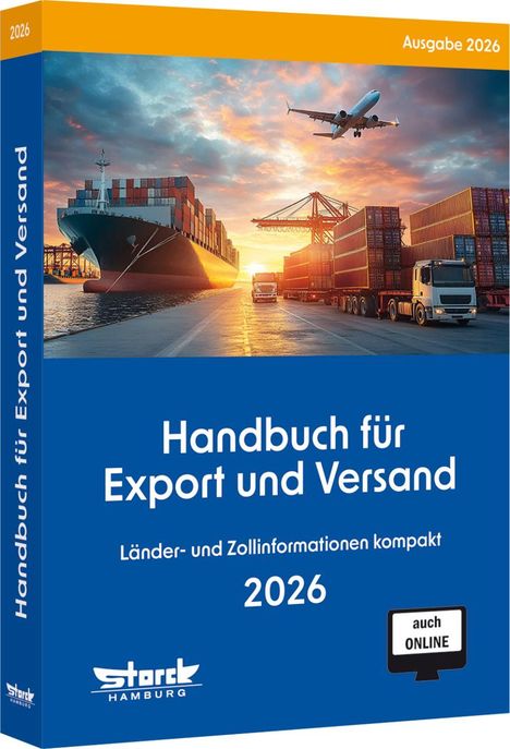 Titel: Handbuch für Export und Versand 2026. Ein Frachtschiff, Lastwagen und ein Flugzeug bei Sonnenuntergang.