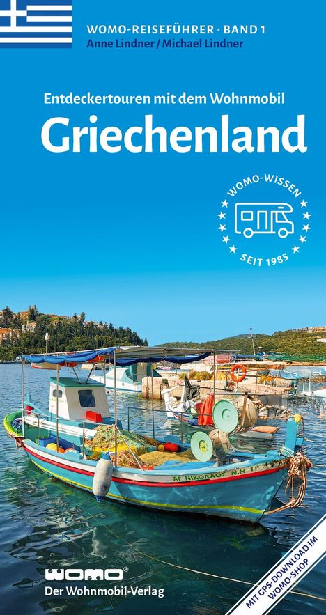 "WOMO-Reiseführer · Band 1, Entdeckertouren mit dem Wohnmobil, Griechenland." Boot am Wasser vor grüner Hügellandschaft.