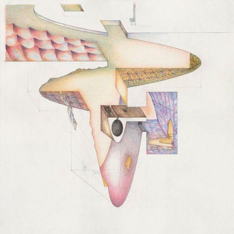 Eine abstrakte Illustration mit geometrischen Formen, Wellenmustern und einem versetzten Raum in sanften Farben.