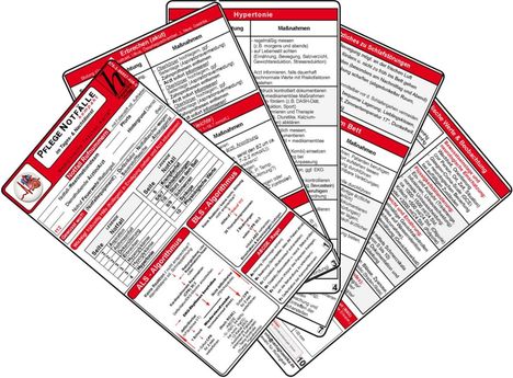 Karten mit medizinischen Notfallinformationen, u.a. zu "Hypertonie" und "Erbrechen (akut)", in Rot und Weiß gehalten.