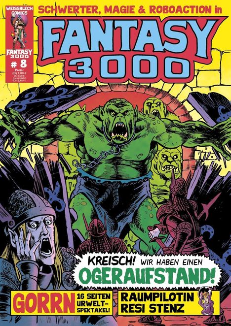 Titel: „FANTASY 3000“. Text: „KREISCH! WIR HABEN EINEN OGERAUFSTAND!“. Illustration eines großen grünen Ogers.