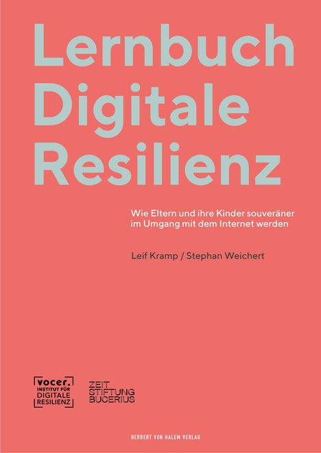 „Lernbuch Digitale Resilienz“ auf rotem Hintergrund, Autoren: Leif Kramp, Stephan Weichert. Logos unten.