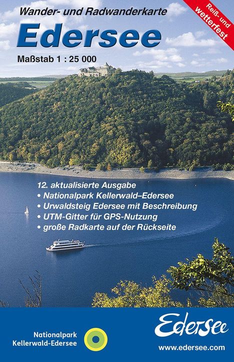 Wander- und Radwanderkarte Edersee, Maßstab 1:25 000. Text erwähnt Aktualisierung, Nationalpark, UTM-Gitter. Oben Wald, See.