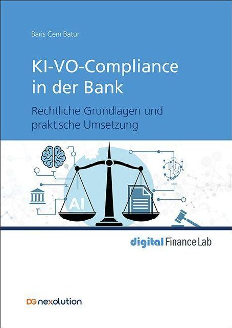 "KI-VO-Compliance in der Bank. Rechtliche Grundlagen und praktische Umsetzung." Logo mit Waage, Gehirn, Computer.