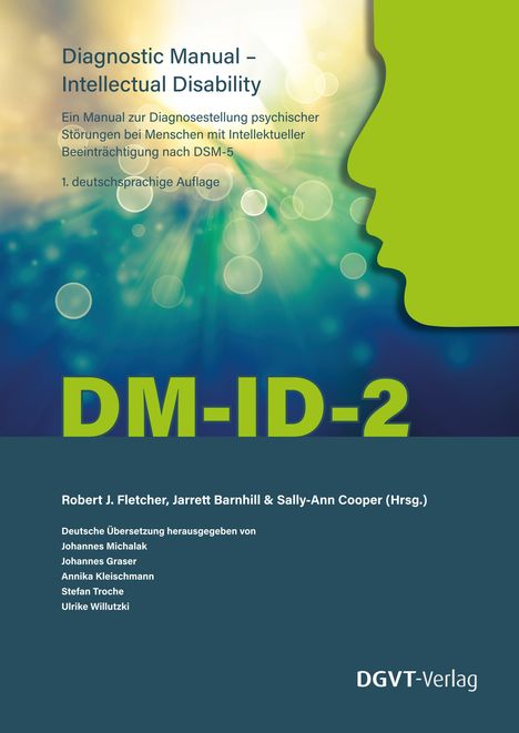 "Diagnostic Manual – Intellectual Disability", DM-ID-2 in Grün, grüne Silhouette eines Profils auf buntem Hintergrund. Logo: DGVT-Verlag.