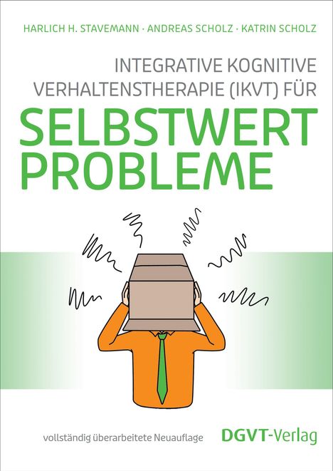 Titel: "Integrative Kognitive Verhaltenstherapie (IKVT) für Selbstwertprobleme". Illustration: Person mit Karton auf dem Kopf.