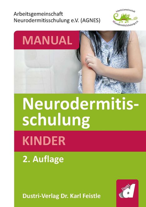 Titel: "Neurodermitisschulung KINDER 2. Auflage". Mädchen in blauer Kleidung hält Arm. Logo oben rechts.
