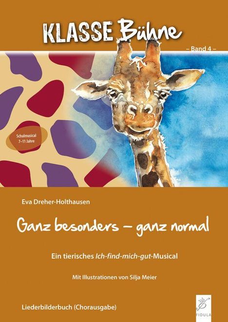 „KLASSE Bühne“, „Ganz besonders – ganz normal“, Illustration einer Giraffe mit bunten Mustern.