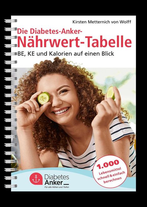 „Die Diabetes-Anker-Nährwert-Tabelle“ und „1.000 Lebensmittel schnell & einfach berechnen“. Frau hält Gurkenscheiben.