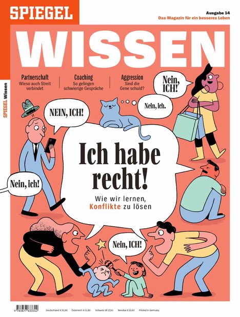 Text: "Ich habe recht! Wie wir lernen, Konflikte zu lösen." Illustration von Leuten, die "Nein, ich!" rufen.