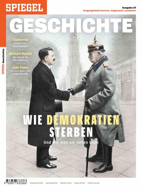 "WIE DEMOKRATIEN STERBEN. Und wie man sie retten kann." Zwei historische Figuren im Handschlag.