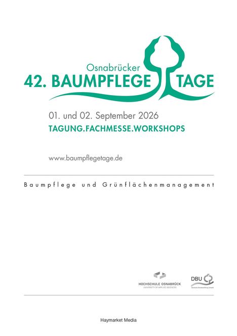 Osnabrücker 42. Baumpflegetage, 01.-02. Sept. 2026, Tagung.Fachmesse.Workshops. Baum-Logo und Sponsorenhinweise.