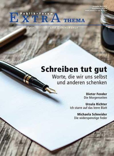 Titel: "Schreiben tut gut". Untertitel: "Worte, die wir uns selbst und anderen schenken". Stift und leeres Blatt.