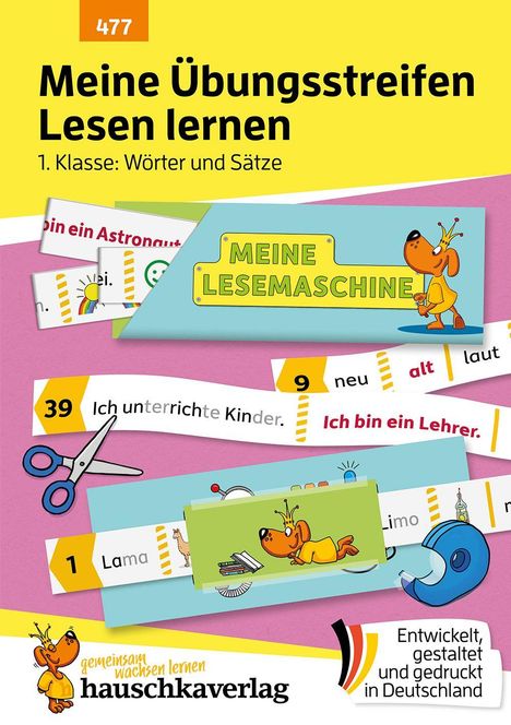 "Meine Übungsstreifen Lesen lernen 1. Klasse: Wörter und Sätze." Bunte Streifen mit Illustrationen, Schere und Klebeband.