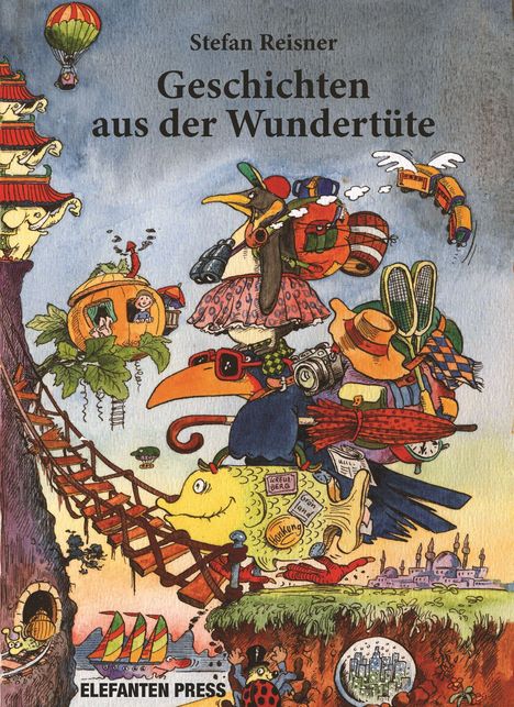 "Stefan Reisner: Geschichten aus der Wundertüte. Ein surreales Gemälde mit Pinguin, Fischen und fliegendem Bus."