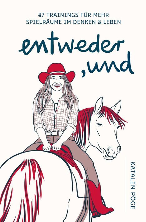 Oben: "47 Trainings für mehr Spielräume im Denken & Leben", "entweder, und", Katalin Pögé. Illustration: Frau auf Pferd.
