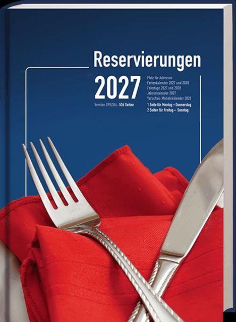 „Reservierungen 2027“ steht oben. Ein Gabel, Messer und ein rotes Tuch sind im Vordergrund.