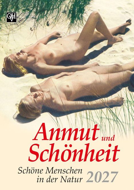 Text: "Anmut und Schönheit. Schöne Menschen in der Natur 2027". Zwei Menschen liegen nackt am Strand in der Sonne.