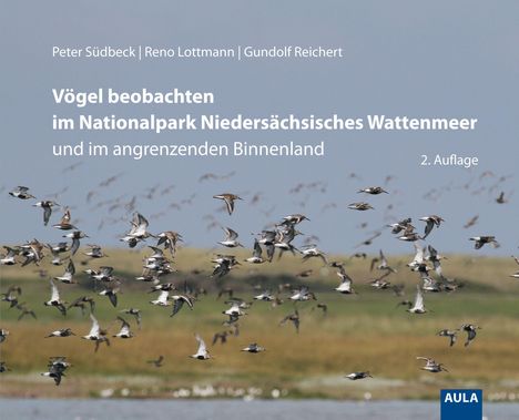 „Vögel beobachten im Nationalpark Niedersächsisches Wattenmeer“, Schwarm Vögel über Wasserlandschaft, Logo „AULA“.