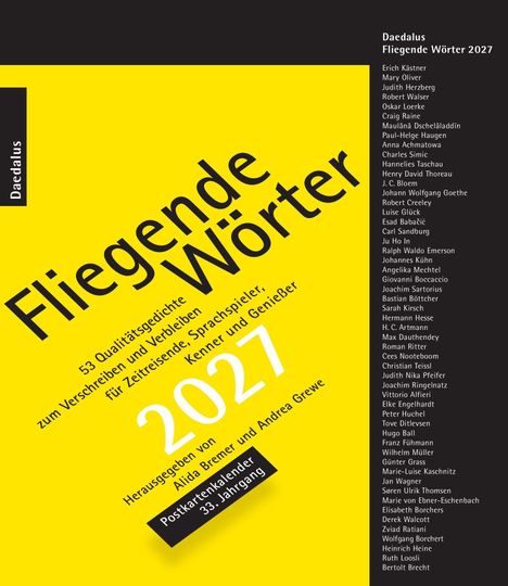 "Fliegende Wörter 2027, 53 Qualitätsgedichte, herausgegeben von Alida Bremer und Andrea Grewe. Daedalus, Postkartenkalender."