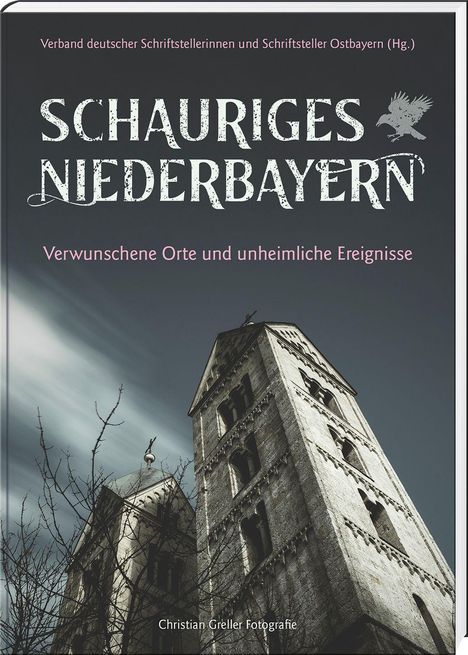 "Schauriges Niederbayern", "Verwunschene Orte und unheimliche Ereignisse", mit zwei alten Türmen und kahlen Ästen vor grauem Himmel.